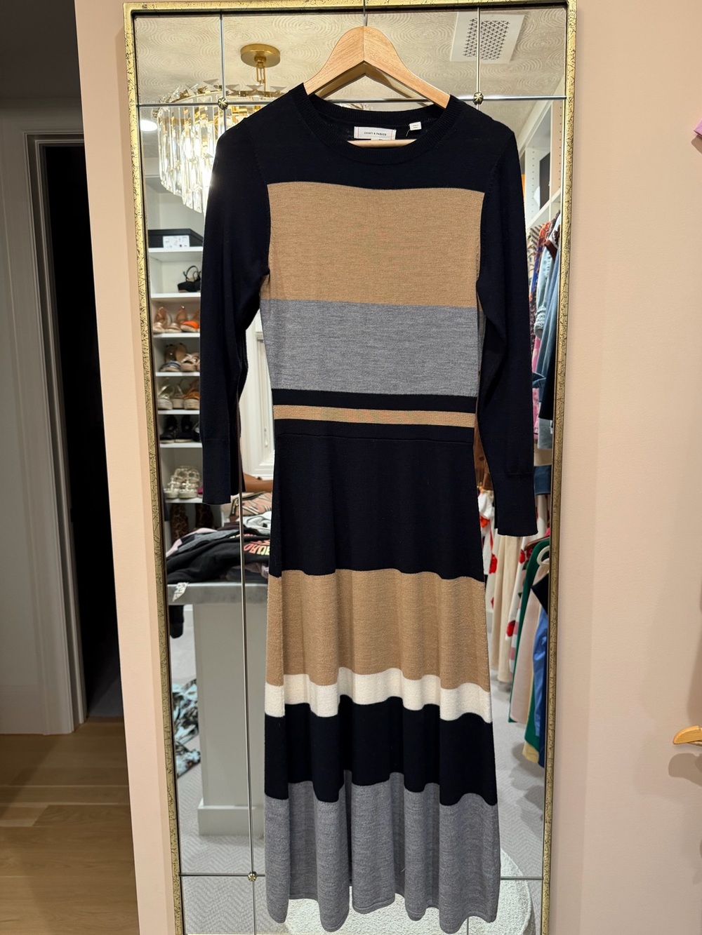 Chinti & Parker Striped Merino Knit Midi Dress in Black, Tan & Gray- size medium